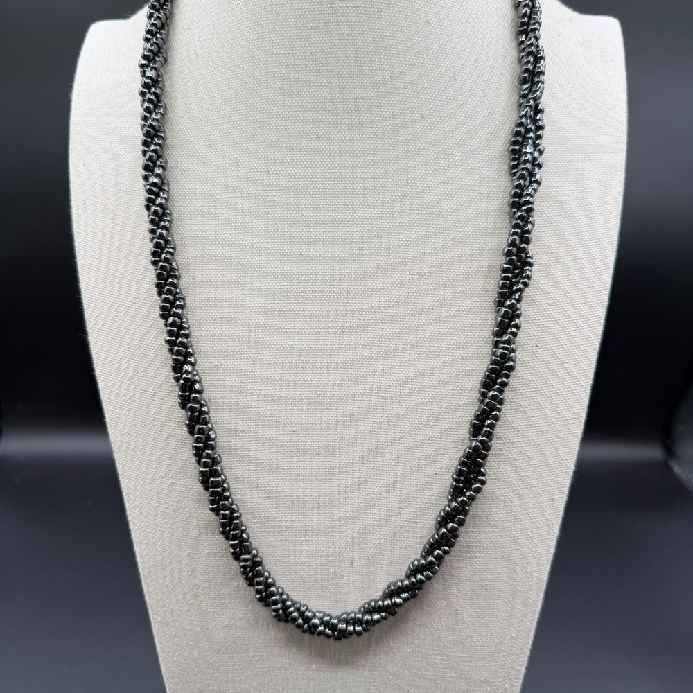 Hematite Black Beaded Triple Strand Twist Necklace Gunmetal Barrel Clasp Gift
